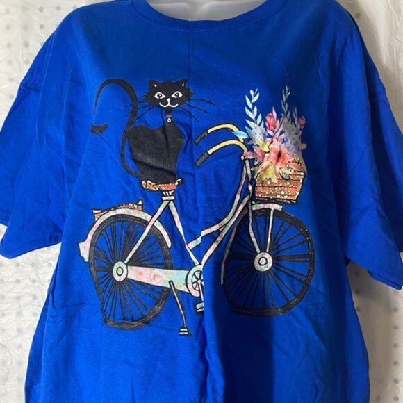 Black Cat On Bike Fruit Of The Loom T-Shirt Women’s Blue Size X-Large - Picture 3 of 5